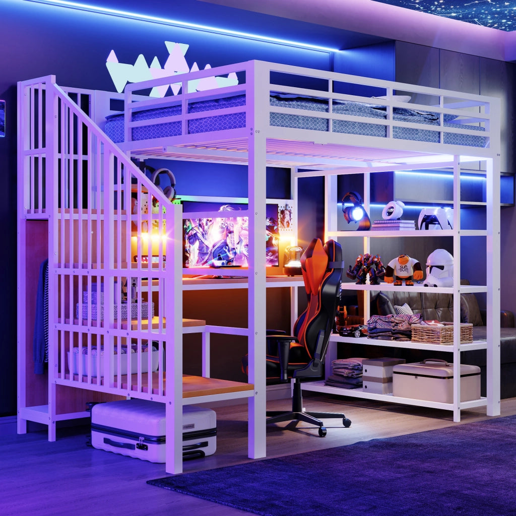 Letto a soppalco 140 × 200 cm con scala contenitore, LED, prese e scrivania, senza materasso, in metallo, bianco