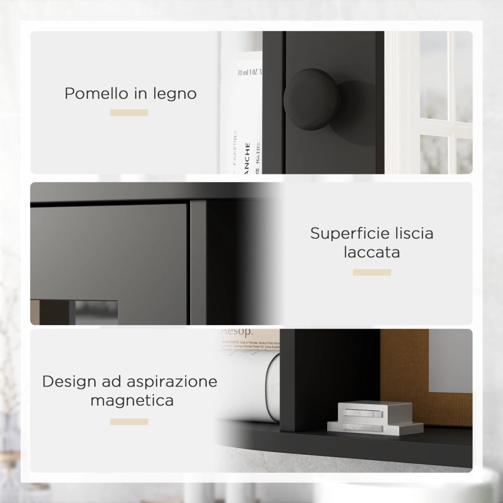 Specchiera Bagno con Ripiani Aperti e Chiusi ¨C zephmum ¨C Legno Vetro Nero 66x17x63 cm