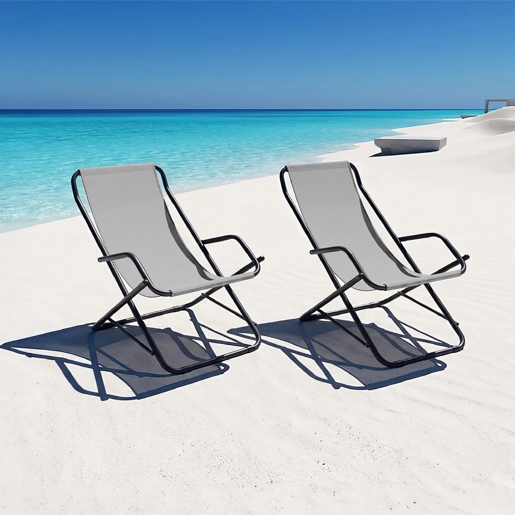 Set 2 Sdraio Sedie Spiaggina Relax Giardino Spiaggia, Pieghevoli in Acciaio e Textilene con Braccioli  Funzione Basculante Dondolo– Il Gruppone Grigio