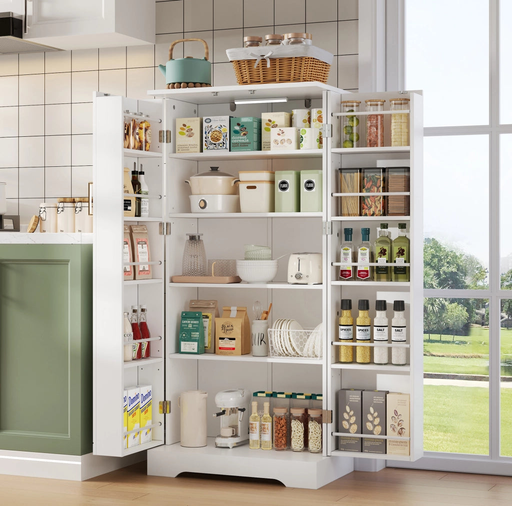 Credenza da cucina bianca salvaspazio con luce LED e ripiani