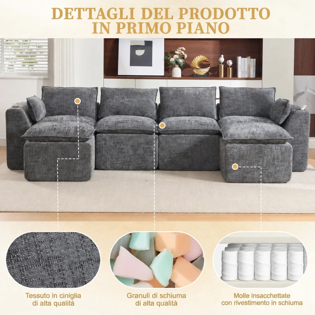 Divano modulare 4 posti con due pouf e portabicchieri; ciniglia; grigio scuro