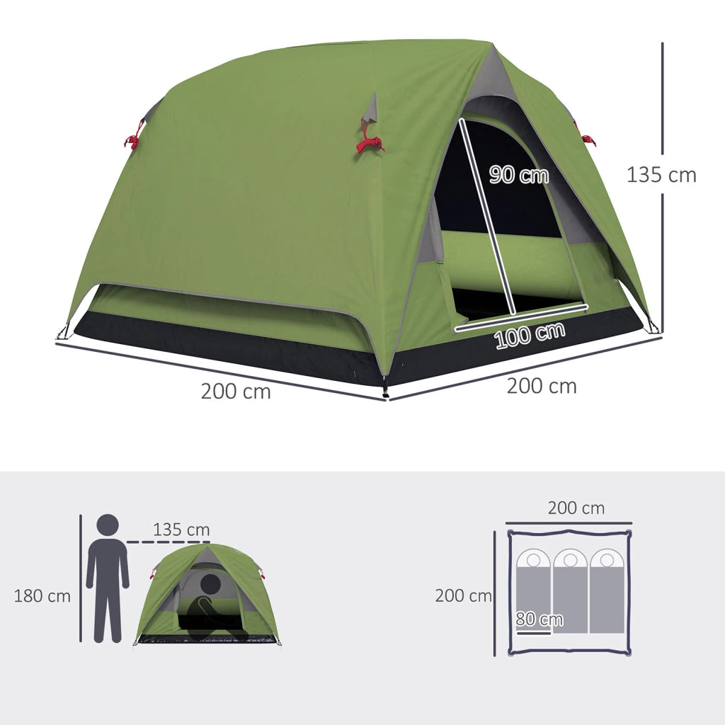 Tenda da Campeggio per 3 Persone Impermeabile 200x200x135H cm Impermeabile con Tasca e Gancio per Lanterna Verde