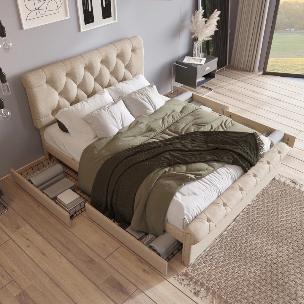 Letto imbottito 140x200 cm con 4 cassetti, testiera regolabile, stile Chesterfield, color naturale, con materasso