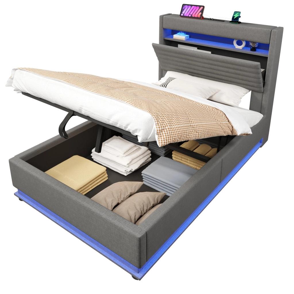 Letto imbottito 90x200 cm con contenitore; LED e ricarica USB Type-C in lino grigio