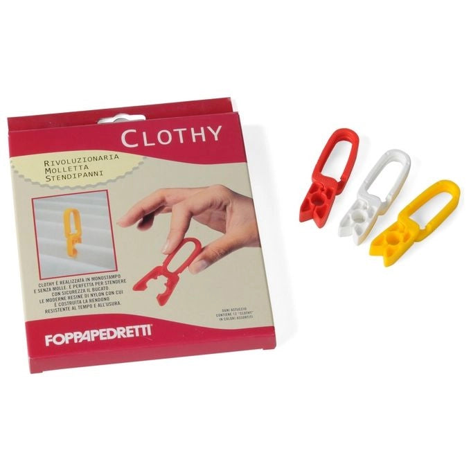 Foppapedretti Clothy Pegs - Set da 12 mollette stendipanni in nylon Mono Splitblocco, 10×20×70 mm, compatibile per uso indoor-outdoor, confezione rosso-Bianco-giallo, senza molla