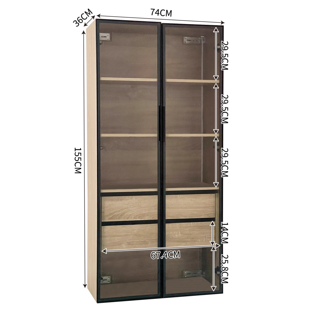 Set di 2 armadi in MDF con LED e vetro satinato naturale