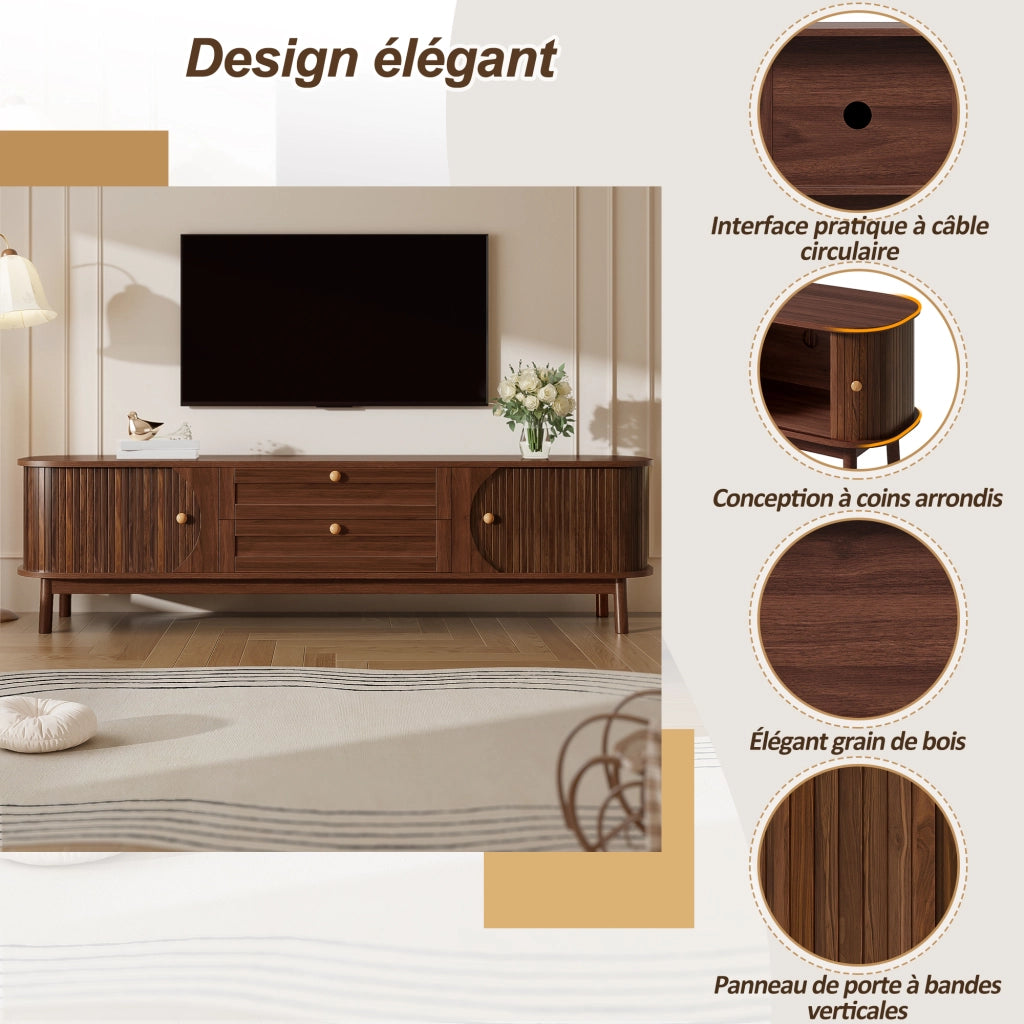 OKWISH Mobile TV con Ante Scorrevoli e Cassetti, Gambe in Legno, per Soggiorno, MDF, Noce, 170 x 39,5 x 46 cm
