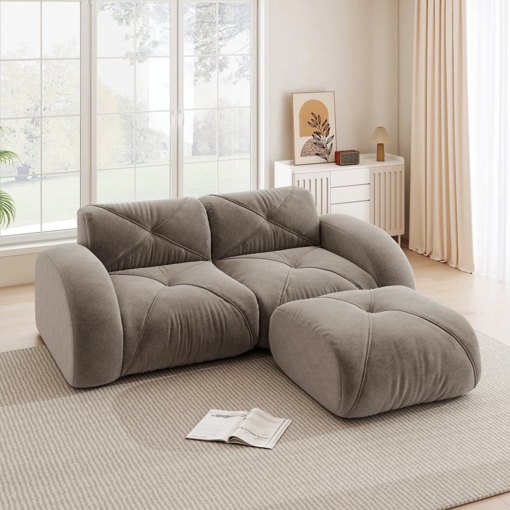 Divano modulare a 2 posti con pouf in chenille, schiuma 32D ad alta densità, design antiscivolo, taupe