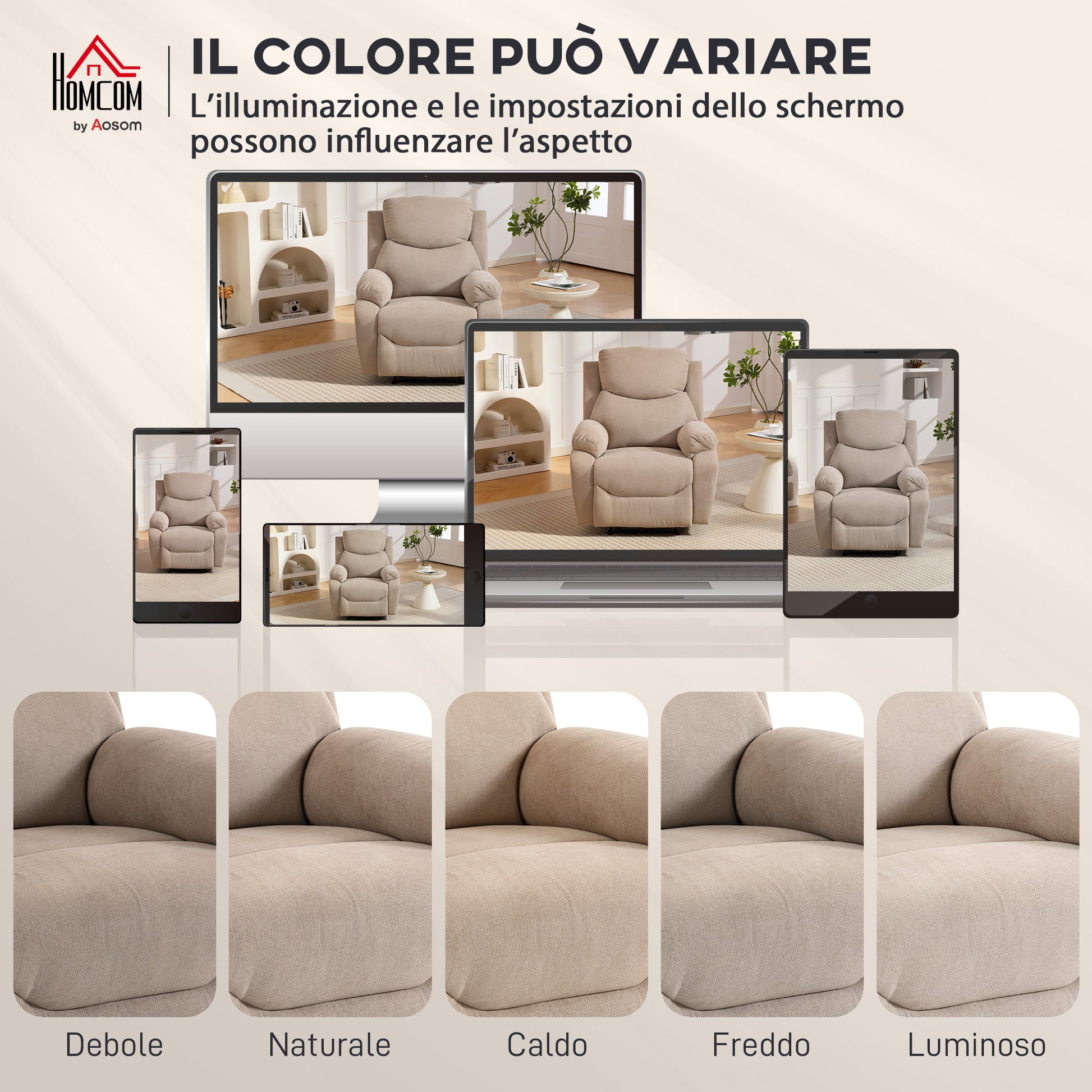 Poltrona Reclinabile Manuale Cuscino Spesso Braccioli Imbottiti e Poggiapiedi in Tessuto Beige