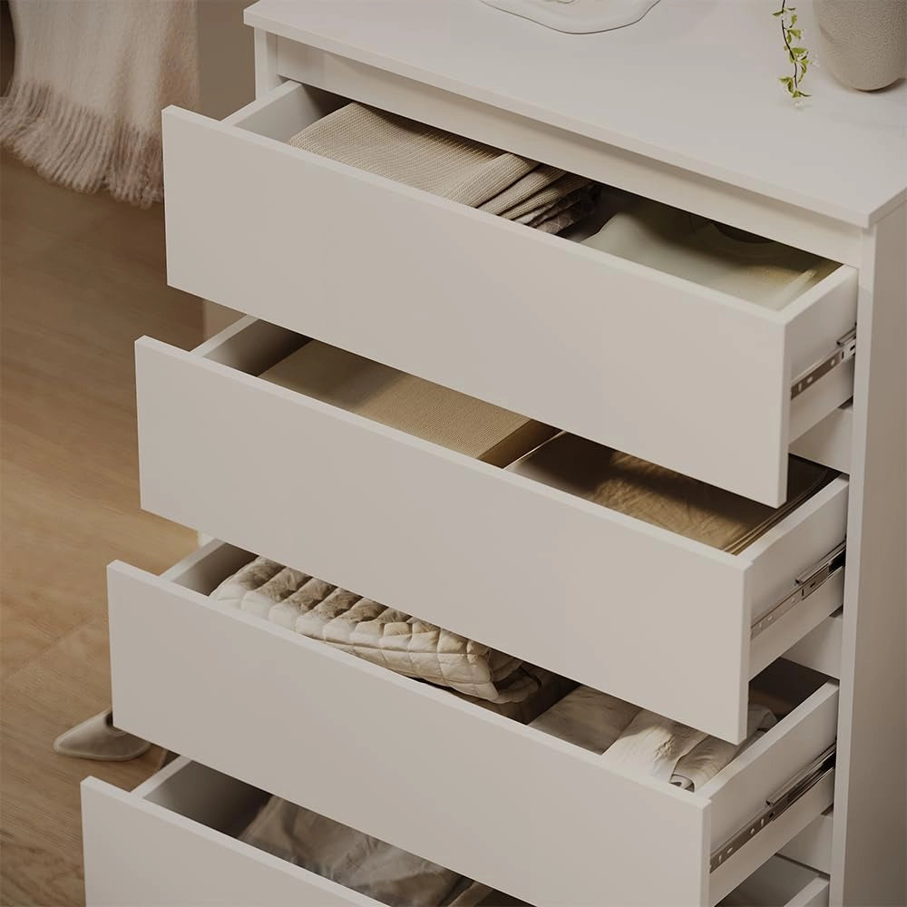 Cassettiera Claus, Bianco, 74 x 99.6 cm con 4 cassetti, per riporre abiti e oggetti di uso quotidiano