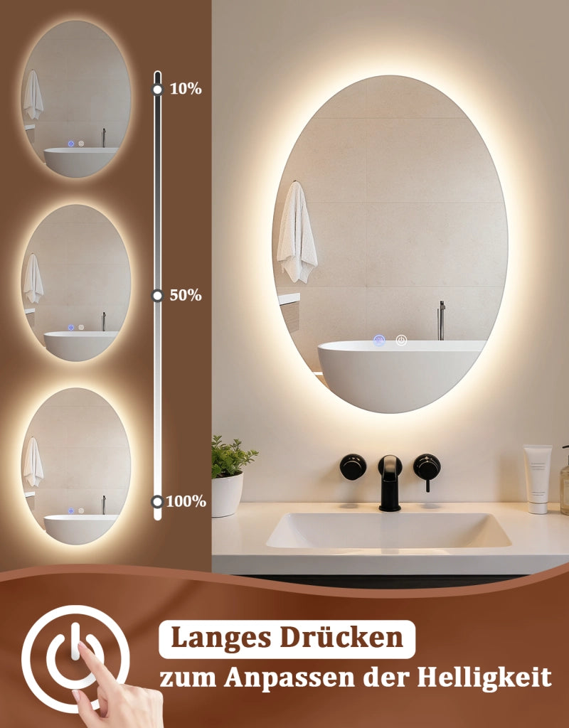 ZMH Specchio da bagno ovale LED 50x70 cm parete IP44 interruttore touch antiappannante dimmerabile 3000K-6500K