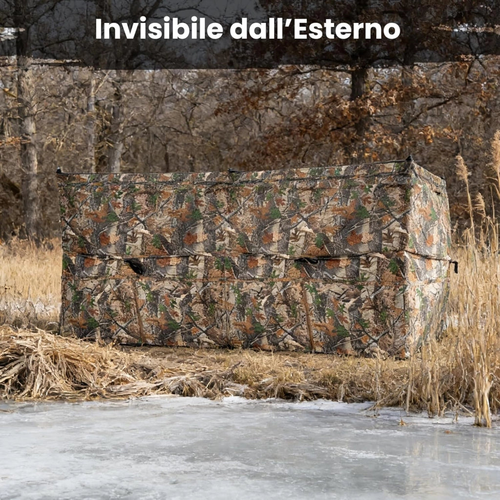 Barriera di Caccia Mimetico a 3 Lati Portatile 360°, Nascondiglio Pop-up 1-3 Persone con Porta per Cani, Tessuto Oxford con Borsa Trasporto, per Fotografia Naturale e Caccia
