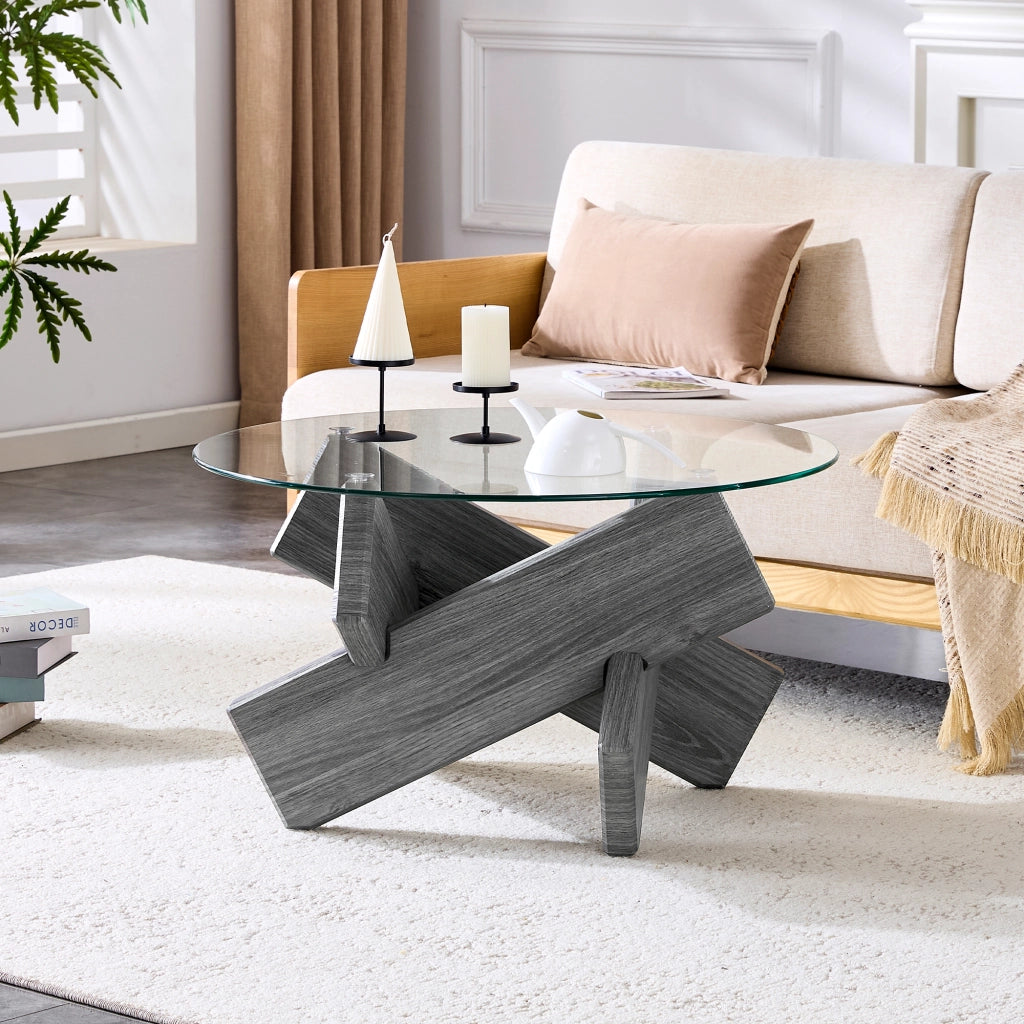 Tavolino da caffè con base a croce e piano in vetro - per soggiorno - in MDF e vetro - 79 x 45 cm - grigio e trasparente