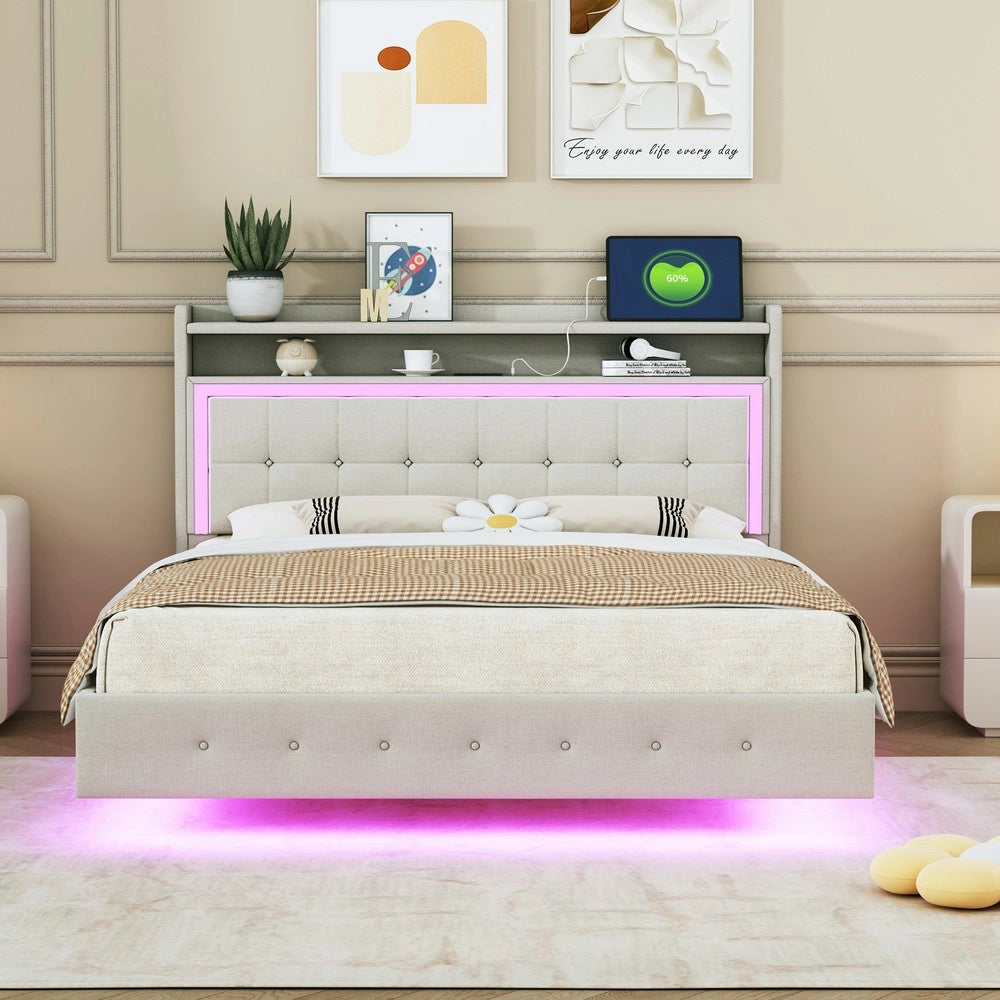 Letto Imbottito con LED e USB 140x200 ¨C MINIMAL ¨C Tessuto Beige
