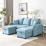 Divano angolare a U convertibile con funzione letto e contenitore, in chenille blu con pouf portaoggetti 3 pezzi