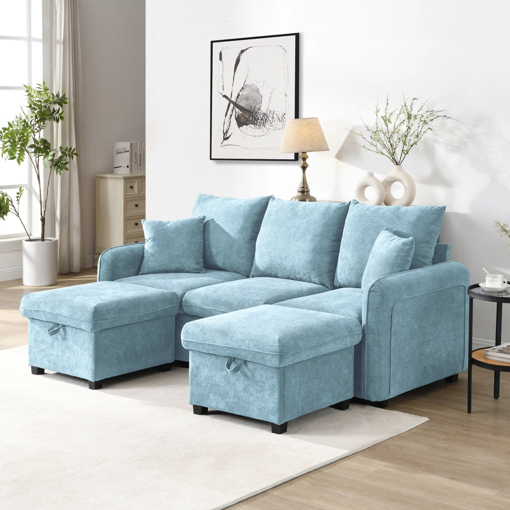 Divano angolare a U convertibile con funzione letto e contenitore, in chenille blu con pouf portaoggetti 3 pezzi