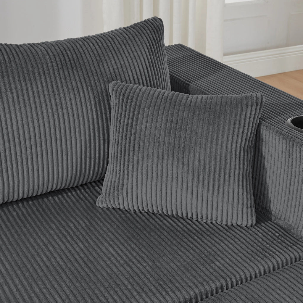 Divano angolare modulare 3 posti con pouf mobili, portabicchieri, tasche laterali e cuscini in tessuto a coste grigio