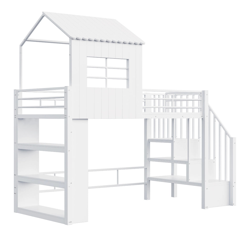 Letto a soppalco multifunzionale 90 x 200 cm con scala contenitore e scaffale; bianco