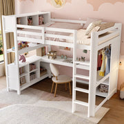OKWISH Letto a soppalco 140×200 cm, Letto Matrimoniale con Scrivania, Armadio e Scaffali Contenitore, senza Materasso, in Pino, Bianco