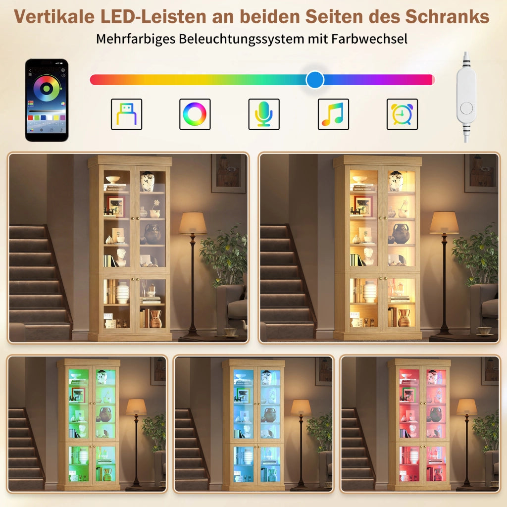 Armadio con LED e ripiani per soggiorno, 2 sistemi antiribaltamento, in MDF e vetro, legno naturale, 160 × 40 × 180 cm