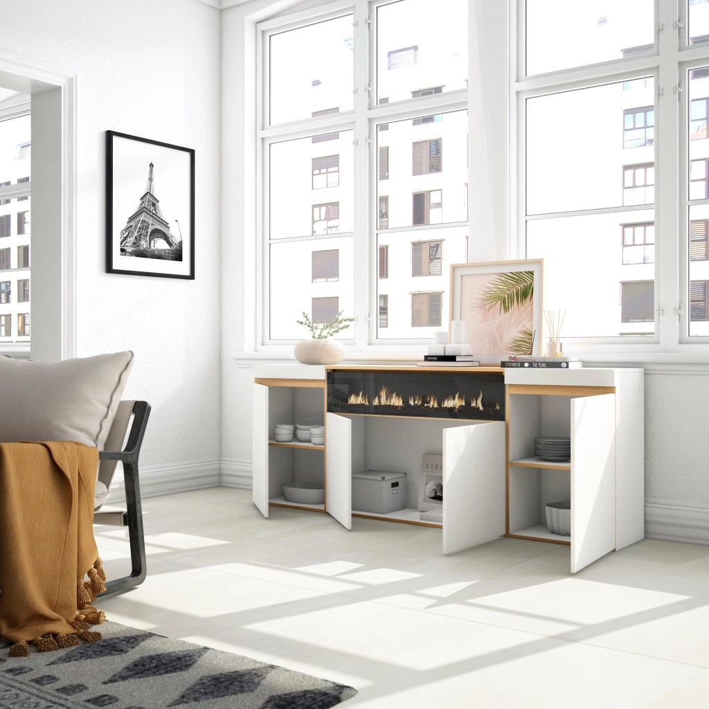 Credenza, Mobile, Cucina, 200x75x35cm, 4 Porte, Camino elettrico, Bianco e Rovere soft