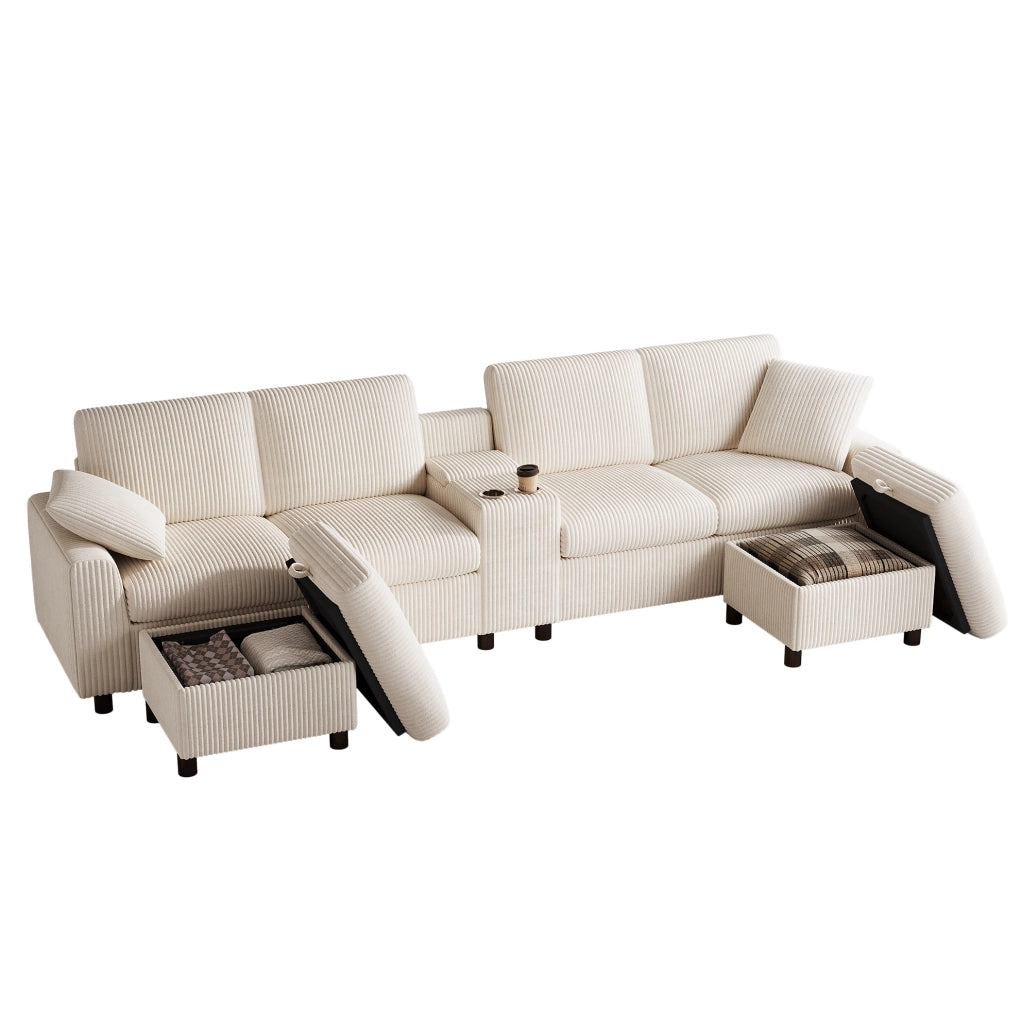 Divano a U ULEVR 315x135 cm in velluto a coste beige con 2 pouf contenitore, tavolino, prese USB e Type-C