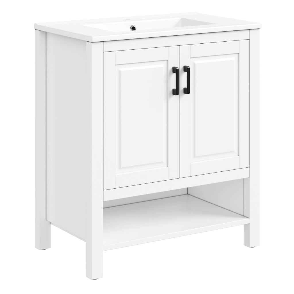 Mobile lavabo freestanding 76,5 x 47 x 83 cm con doppia anta, lavabo in ceramica integrato e vani aperti, bianco