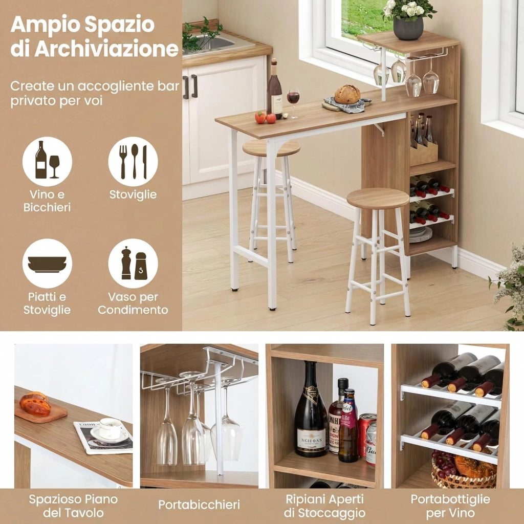 Set 3 Pezzi Tavolo e Sedie da Bar, Tavolo e Sgabelli da Pub Industriale con Porta Calici e 6 Portabottiglie da Vino, Set di Tavolo per Sala da Pranzo, Ristorante e Bar (Legno)
