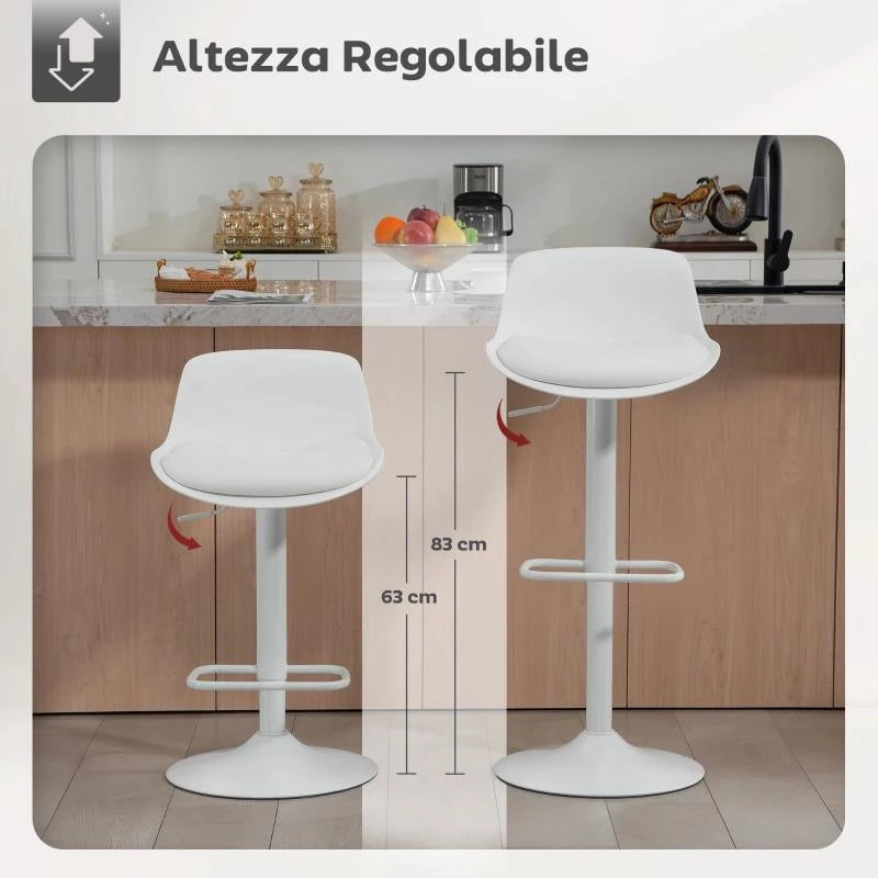 SET 2 SGABELLI DA BAR CON SCHIENALE, ALTEZZA REGOLABILE, SEDUTA GIREVOLE IN PELLE PU E POGGIAPIEDI, BIANCO