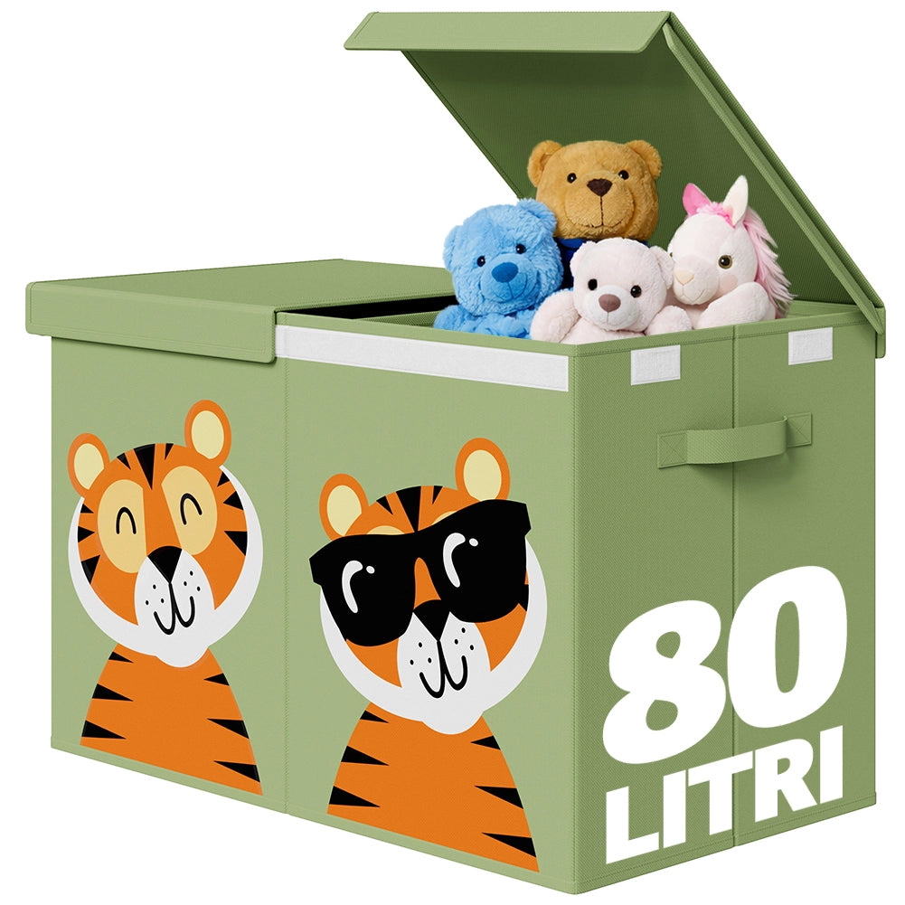 Contenitore Box 2 Scomparti Porta Giocattoli Pieghevole con Coperchio 80LT Organizer Verde