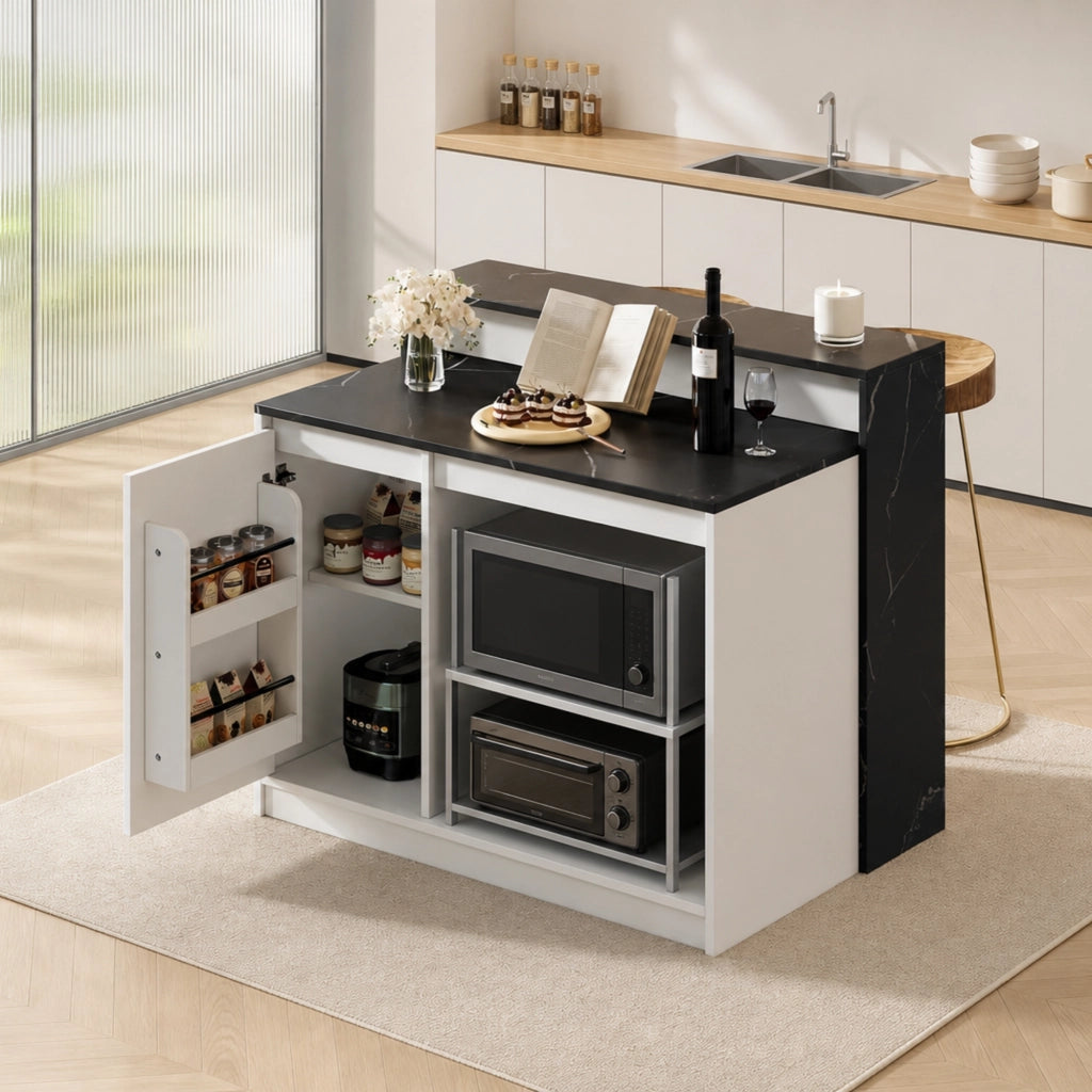 Isola cucina multifunzionale con bancone e area relax per animali, 120×80×100 cm, bianco e nero