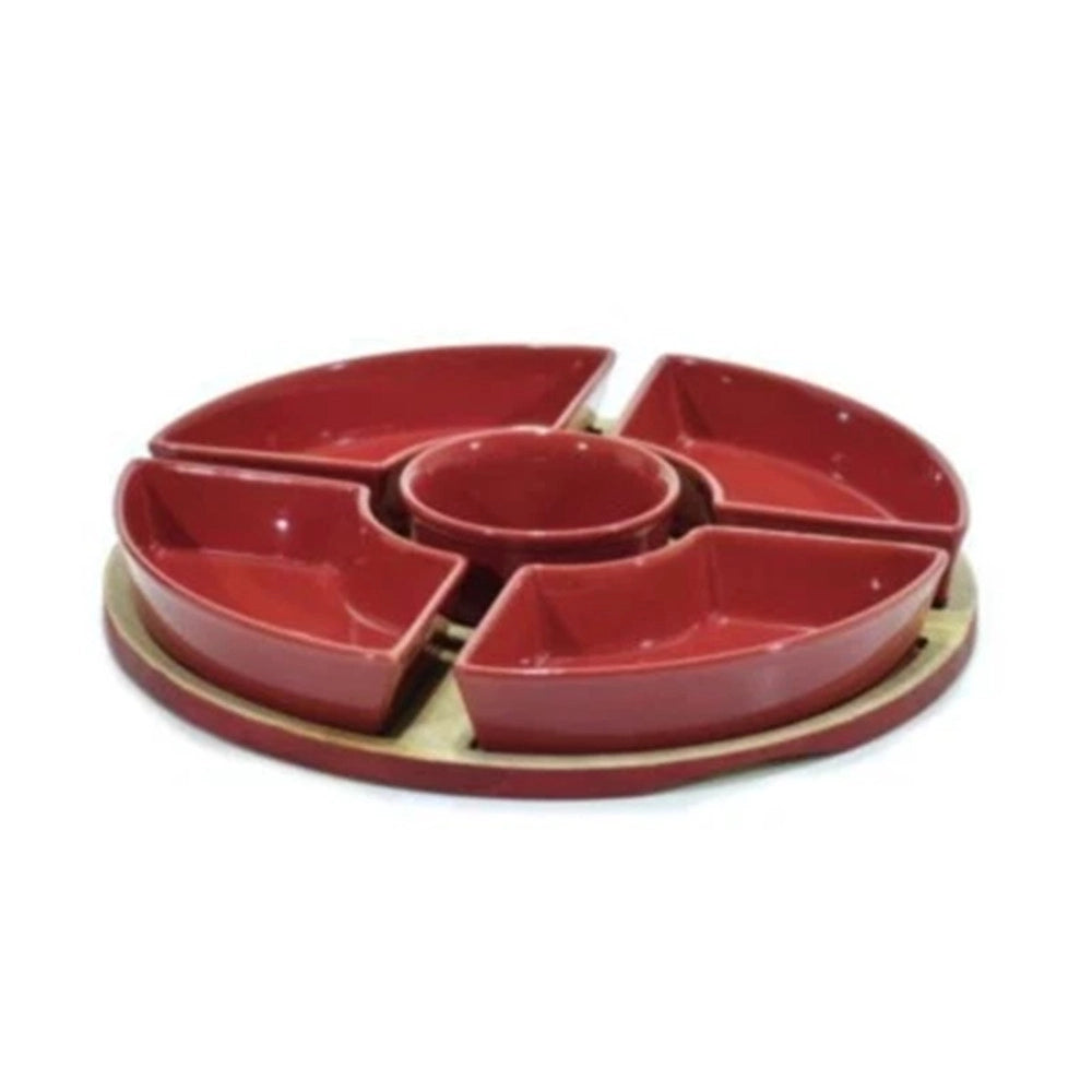 Trade Shop - Set Antipastiera Rossa Con 5 Ciotole In Ceramica Vassoio Base In Bamboo ø28cm Snack Salse -