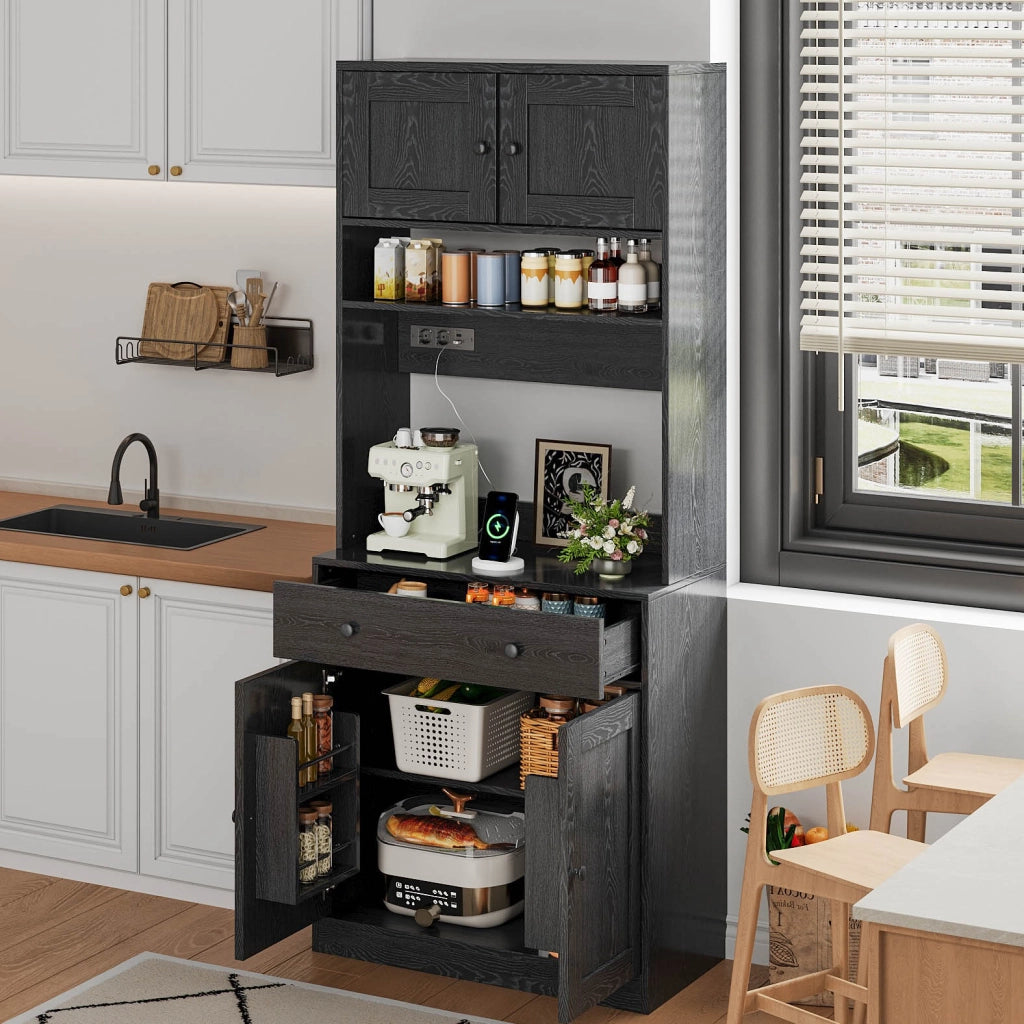 Credenza alta con cassetto; ripiani; LED RGB e prese USB - per cucina - MDF - 72×40×180 cm - nero