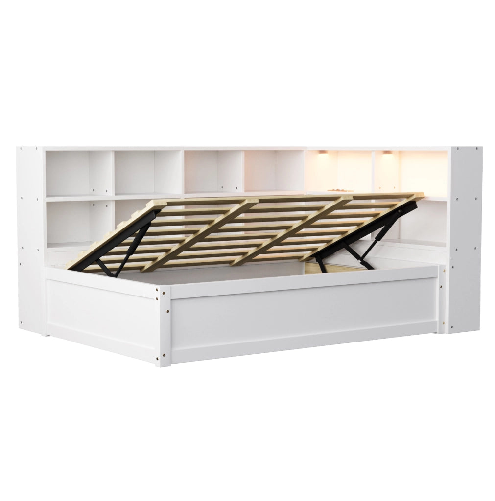 Letto 90x200 cm con prese multifunzione; LED e vani portaoggetti in legno bianco