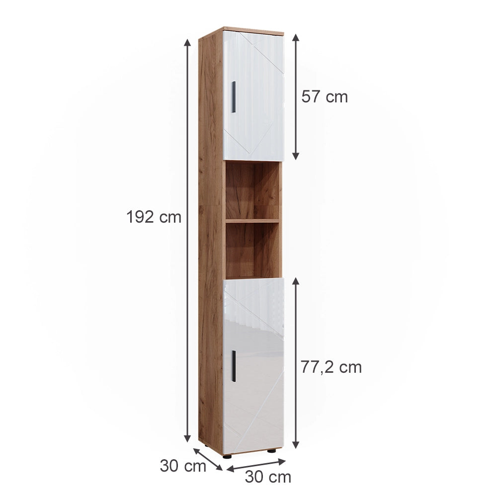 Armadio per il bagno Irma Bianco lucido/Rovere dorato 30 x 192 cm con ante e vani a giorno Vicco