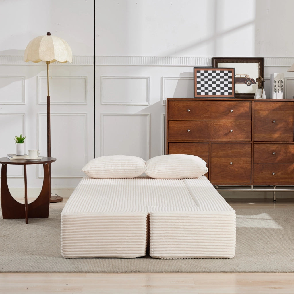 Divano letto modulare a terra 3 posti in tessuto a coste con funzione letto e 2 cuscini, senza montaggio, beige