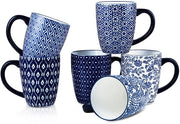 Set di tazze da caffè in porcellana di 6, 473 ml, grande set con manico, tazze per caffè, latte, tè, lavastoviglie, forno e microonde, resistente, blu vintage