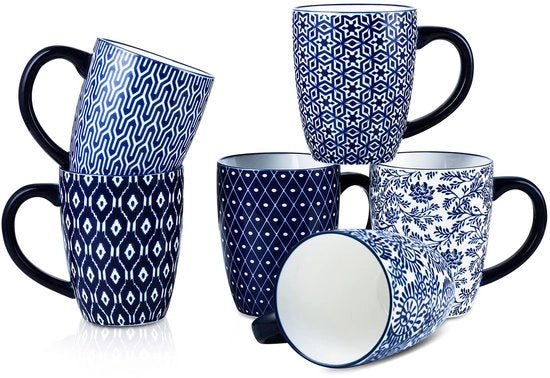 Set di tazze da caffè in porcellana di 6, 473 ml, grande set con manico, tazze per caffè, latte, tè, lavastoviglie, forno e microonde, resistente, blu vintage