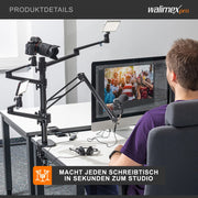 Multi Streaming Supporto da tavolo, 4 bracci articolati per fotocamere, luci LED, microfoni, morsetto di montaggio per piani 65 mm, anche per Vlogging, Videochiamate