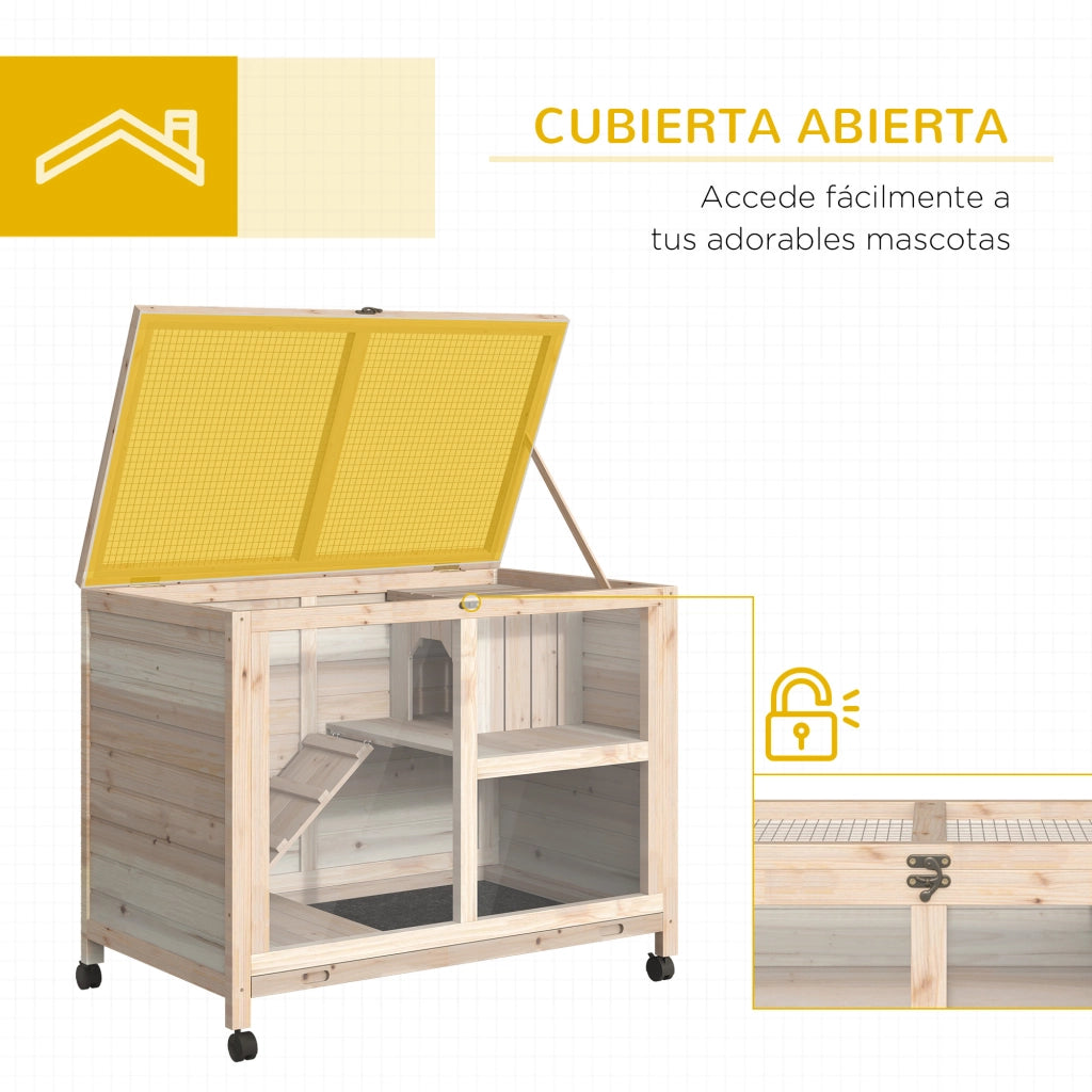 Gabbia per Conigli a 2 Livelli in Legno con Ruote ¨C zephmum ¨C 91.5x53.3x73 cm