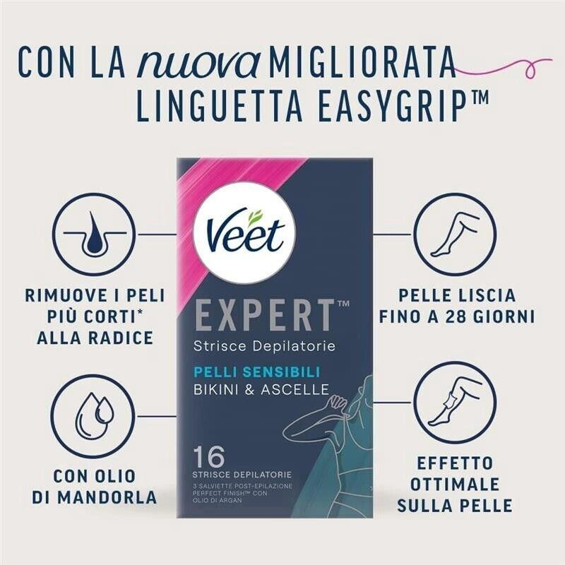 VEET STRISCE DEPILATORIE ASCELLE E ZONA BIKINI CON OLIO DI MANDORLA 16 STRISCE (8X2 STRISCE) + 3 SALVIETTE POST-EPILAZIONE