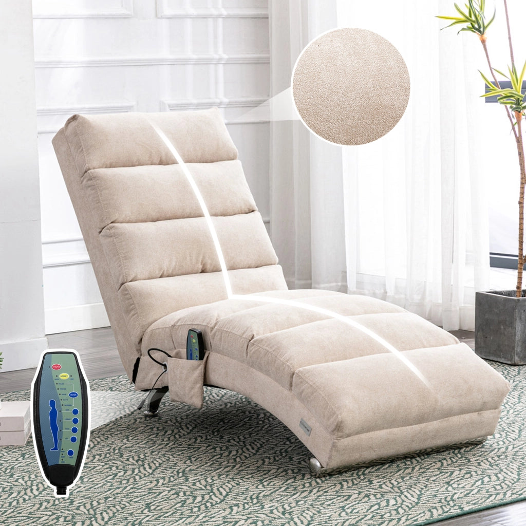 Chaise Longue Massaggiante Fissa 1 Posto con Vibrazione Delicata e Tasca Laterale; Schienale 140°; Lino Beige
