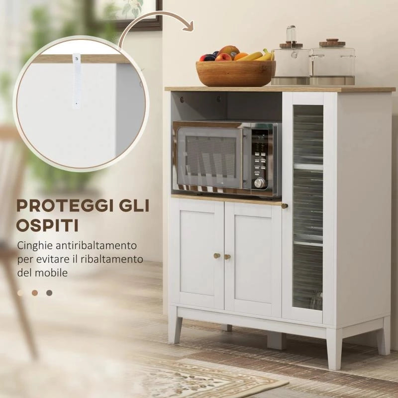 MOBILE MICROONDE CON ARMADIETTO INFERIORE E 3 RIPIANI LATERALI CON ANTA IN VETRO, IN LEGNO, 80X35X97 CM, BIANCO