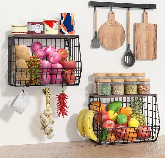 Scaletta da frutta appesa grande cesta da frutta attaccata al muro - ceste da frutta appese per la cucina - coperchio in legno - uncini per le banane - cesta da frutta in metallo da appendere al muro - conservazione del frutto