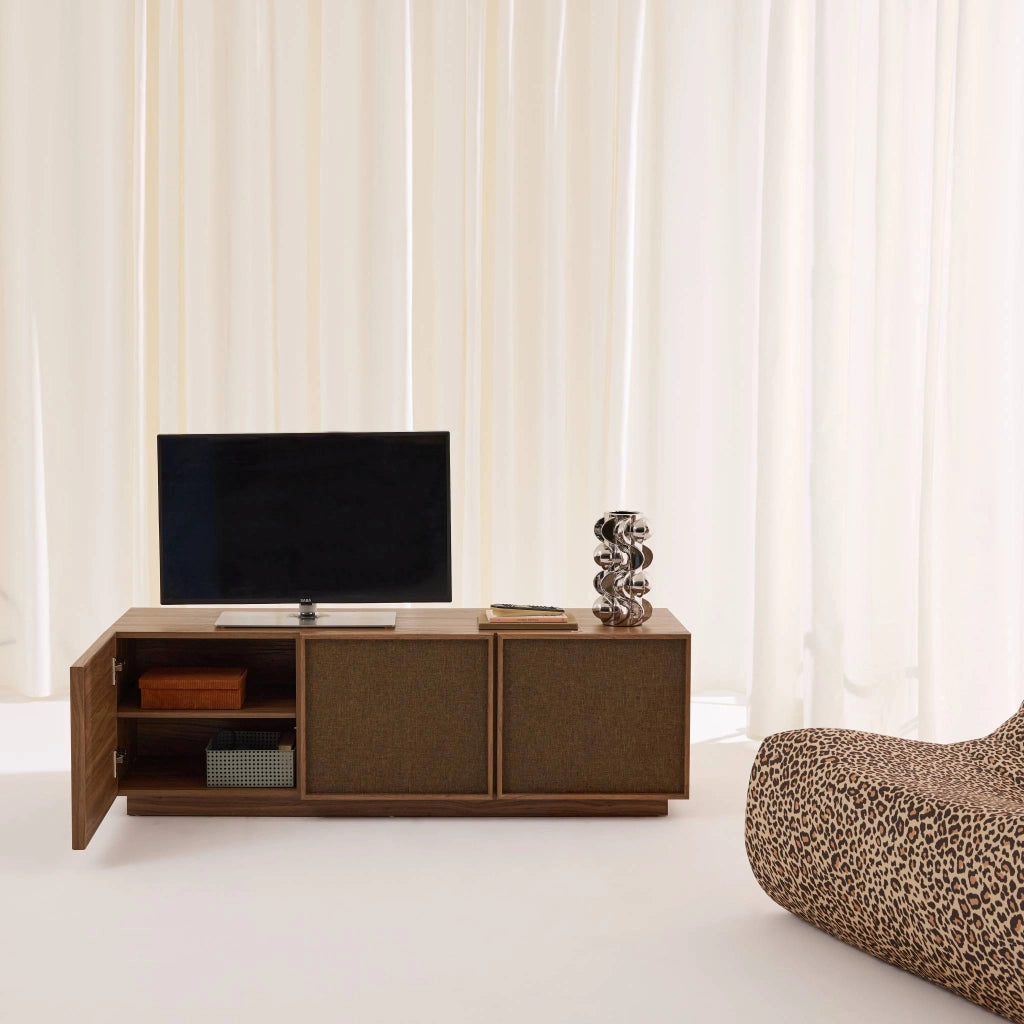 Mobile tv decorativo in legno e tessuto 3 ante, 140 cm, noce