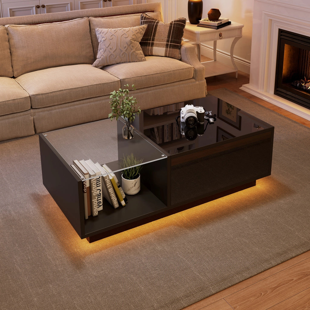 Tavolino da salotto 100x50x33 cm; piano sollevabile con LED APP e vano nascosto; truciolare nero