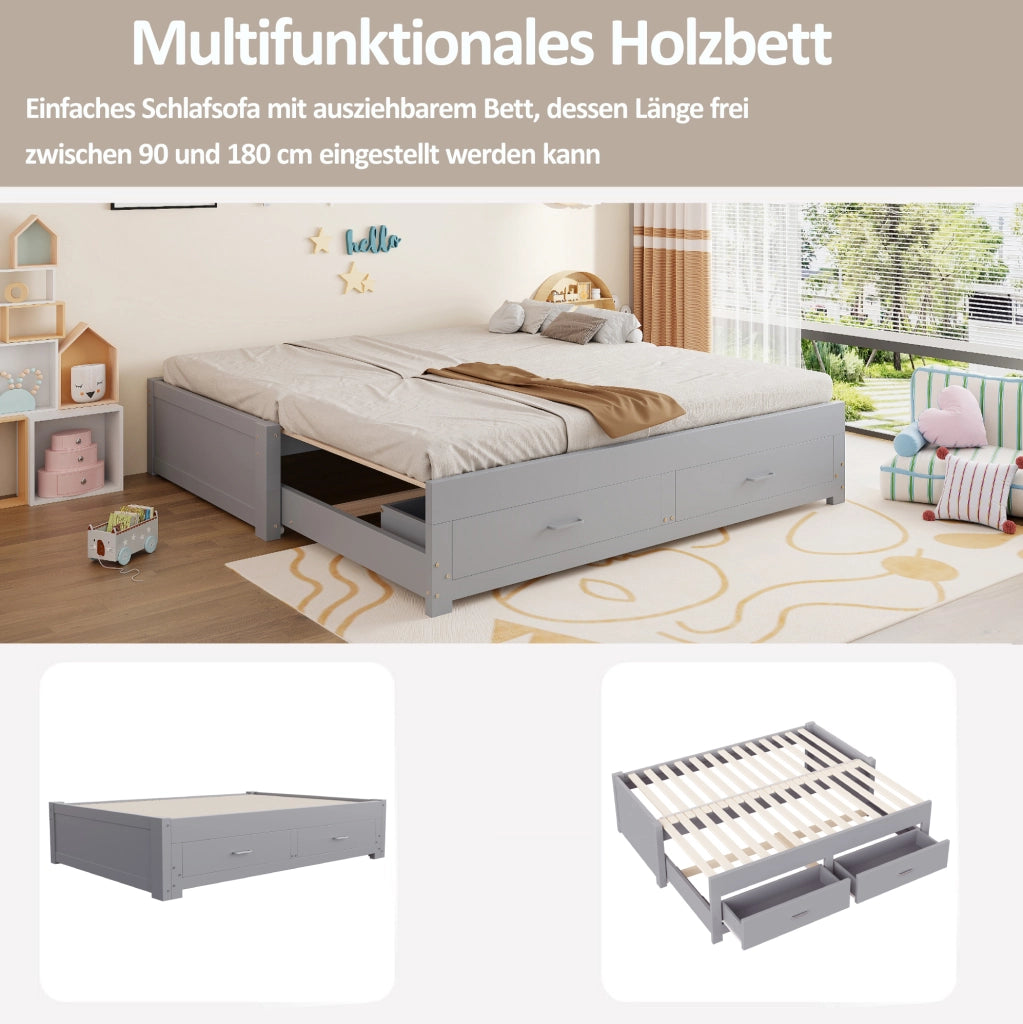 Divano letto estraibile in legno 90/180 x 190 cm con 2 cassetti; grigio
