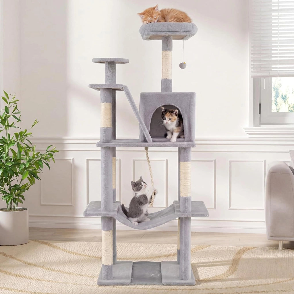 Albero per Gatti Alto 158 cm, Albero Tiragraffi con Trespolo di Peluche, Grotta, Amaca, Tiragraffi in Sisal, Rampa, Corda Appesa e Pallina Pendenti, Centro Attività per Gattini (Grigio Chiaro)