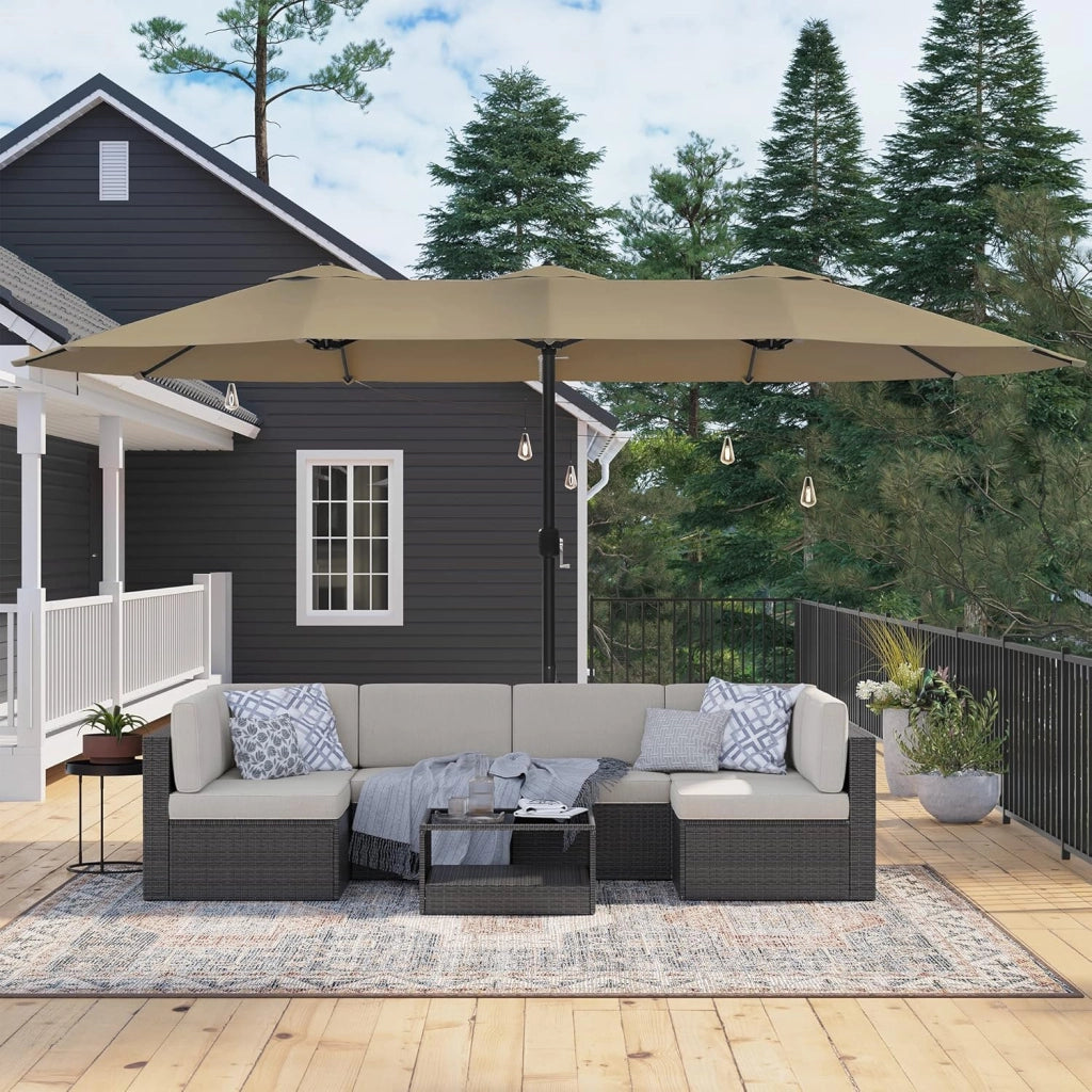 SONGMICS Ombrellone Doppio da Giardino, Parasole di 460 x 270 cm, Extra Grande, UPF50+, con Manovella, per Mercato Esterno Terrazzo, Base non Inclusa, Tortora GPU36BR