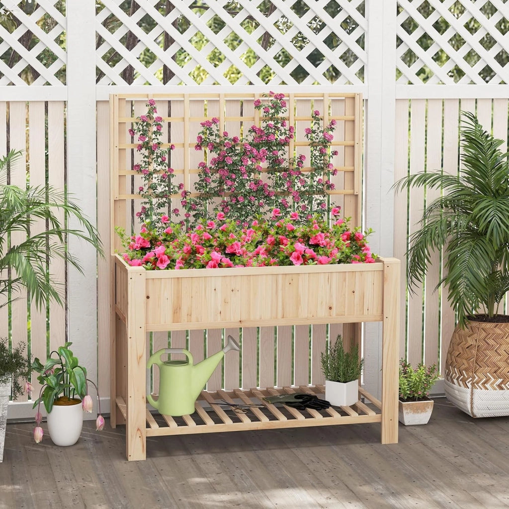 Letto da Giardino Rialzato, Fioriera Elevata con Traliccio, Mensola di Stoccaggio e Fori di Drenaggio, Orto Rialzato per Cortile, Giardino e Patio, 116 x 59 x 150 cm (Naturale)